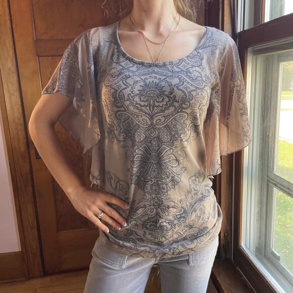 Espresso Tops - Vintage Espresso Boho Baroque Top M | Sheer Flutter Sleeve Blouse Romantic Boh0